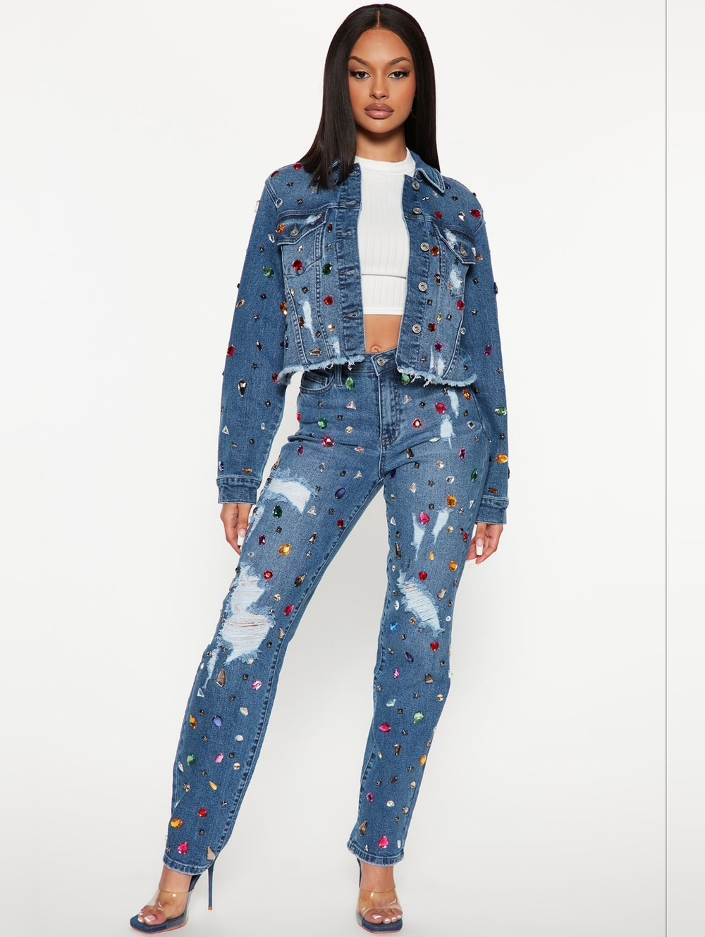 Fashion Nova  Embellished High-Waist Denim Pant Set - Picture 2 of 9